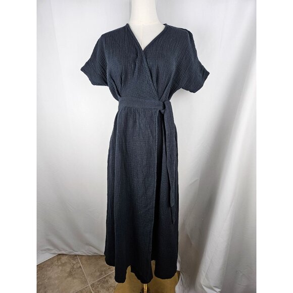 Marine Layer Valencia Black Gauze Wrap Dress Size Medium Midi Flowy Bohemian - Picture 3 of 13